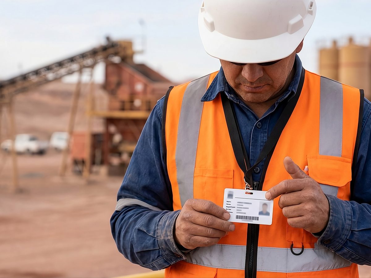 Trabajador minero revisando su credencial de acreditación en faena del norte de Chile